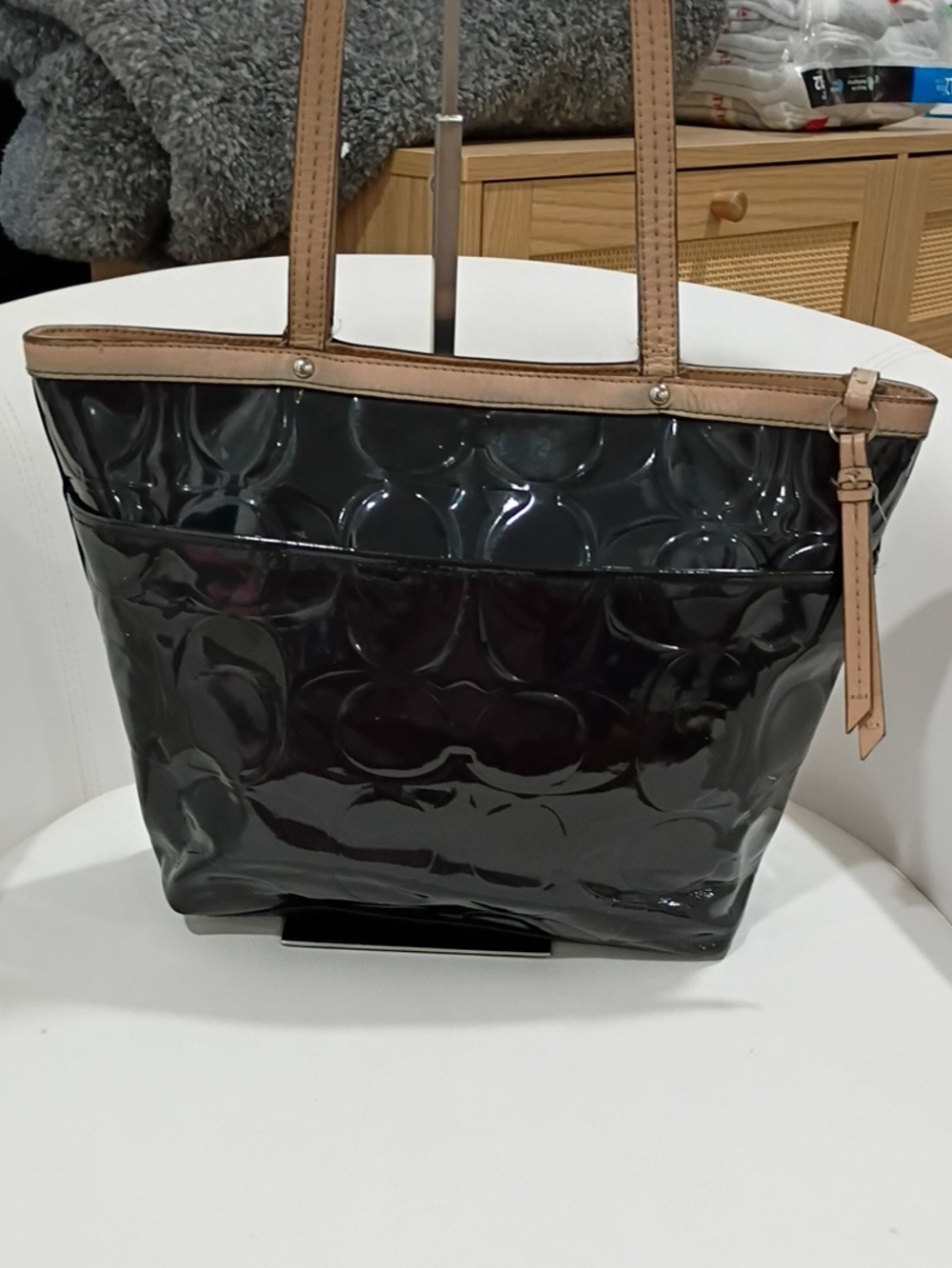Coach Black Patent Leather Signature Tote with Tan Trim - Picture 3 of 7